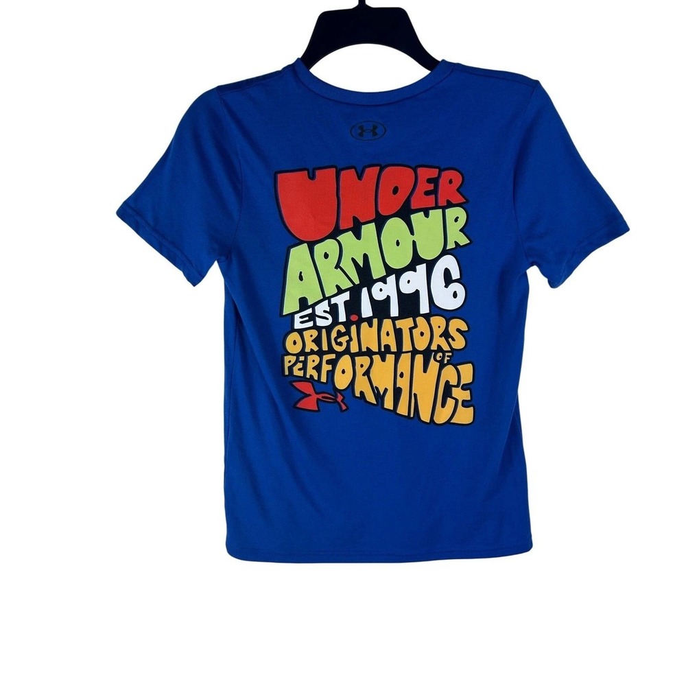 Under Armour Boys T-Shirt Size Medium Blue BTS Cartoon Letters Short Sleeve‎ NEW